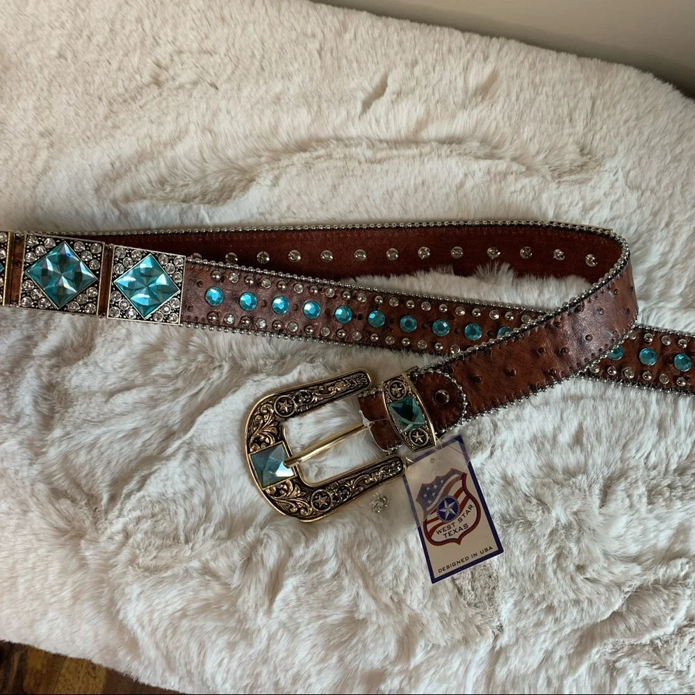 Men's West Star Texas Leather Bling Belt with Blue Crystal Conchos Size Large - Picture 4 of 11